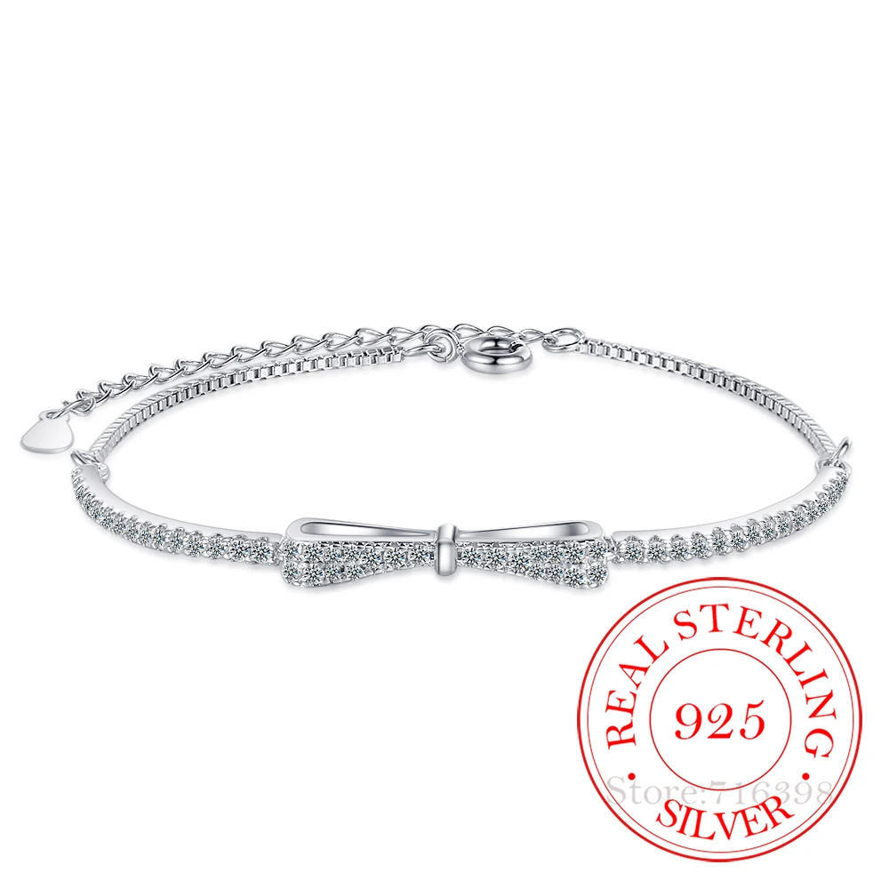 925 стерлингового серебра с бантом, украшенным кристаллами, браслет, браслет на запястье для женщин Свадебная вечеринка ювелирные изделия