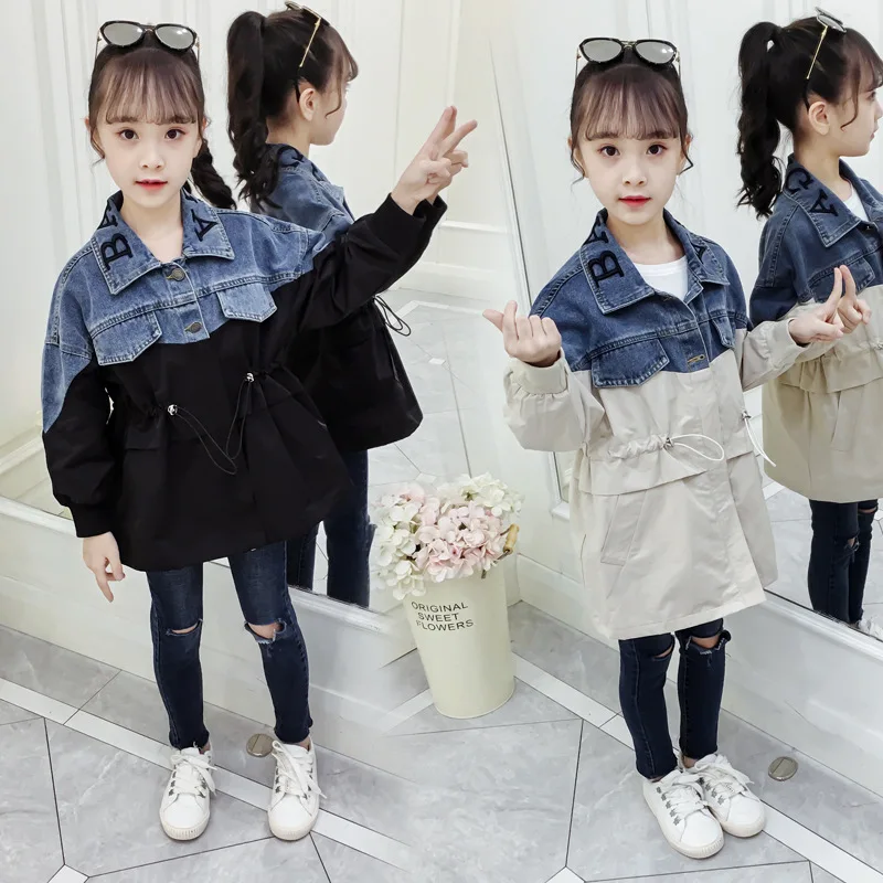 

Spring Autumn Kids Girls Windbreaker Children's Denim Stitching Girls Long Coats Casual Street Girls Outwear Clothing 4-13T