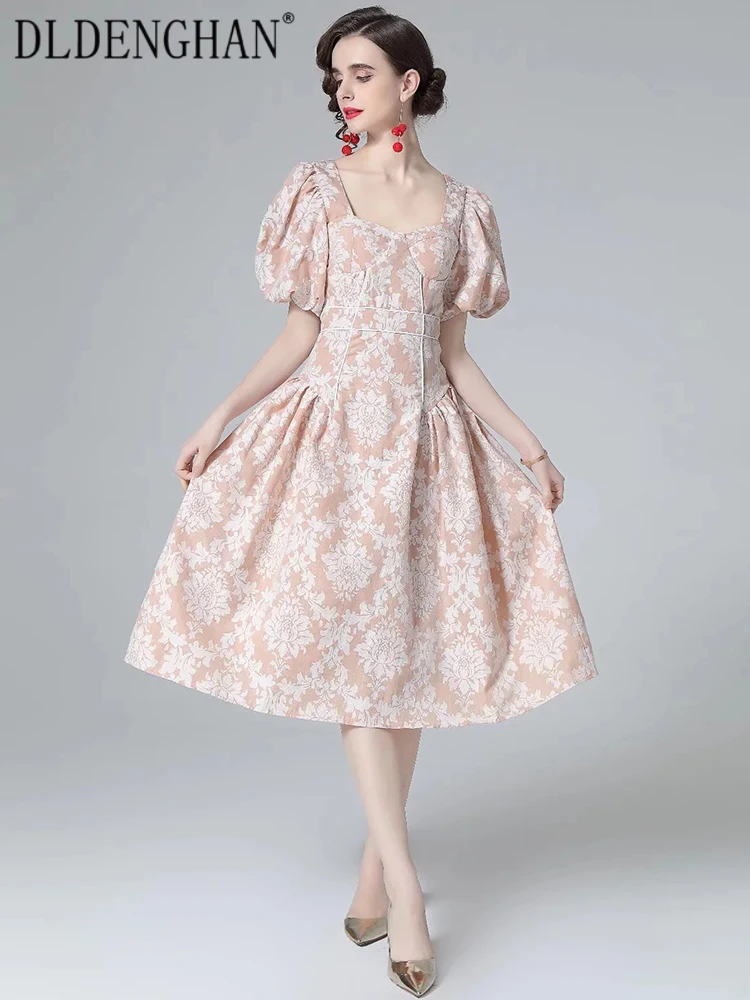 

Модное дизайнерское летнее жаккардовое платье DLDENGHAN, женские винтажные платья миди с квадратным воротником и пышными рукавами