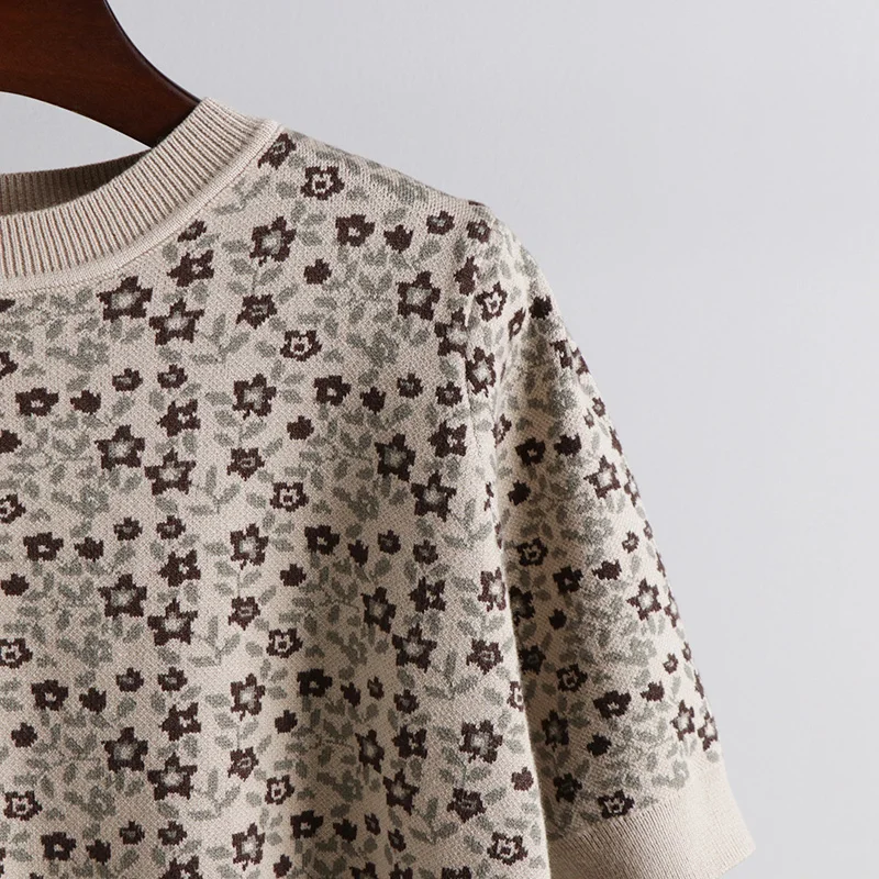 

MASTGOU Spring Summer Floral Women T shirt Fashion Knittes Short Sleeves T-Shirt Top Casual Female Tee Shirt