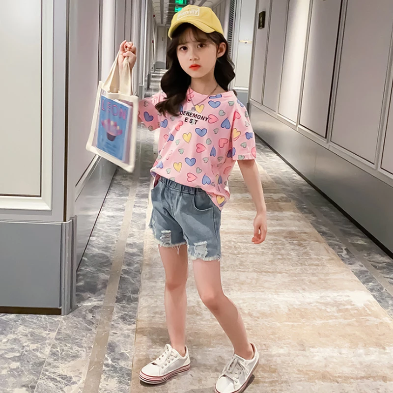 Детские костюмы одежда для девочек 2020 летняя футболка с коротким рукавом и