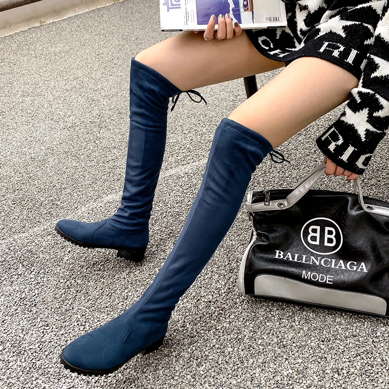 blue Short plush Г. Женские узкие Сапоги выше колена на низком каблуке замшевые черные модные пикантные зимние сапоги до бедра с круглым носком женская обувь 33-43 - Цвет: blue Short plush