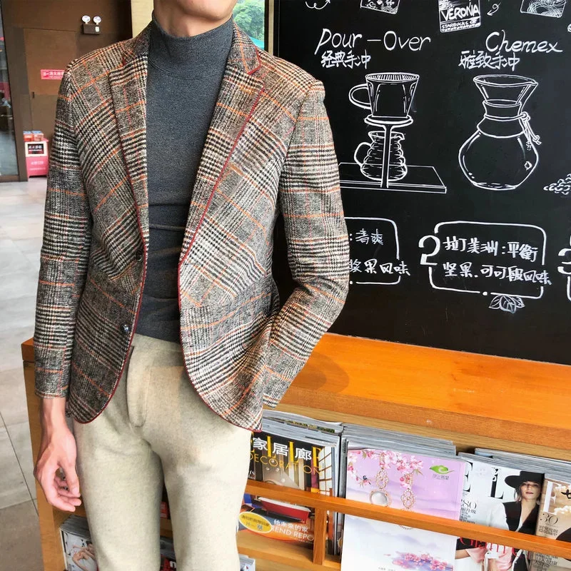 

Wool Blend Tweed Blazers Men 2021 Antumn Winter Jacket Men's Plaid Suit Jacket Men Blazer Masculino Vintage Terno Masculino