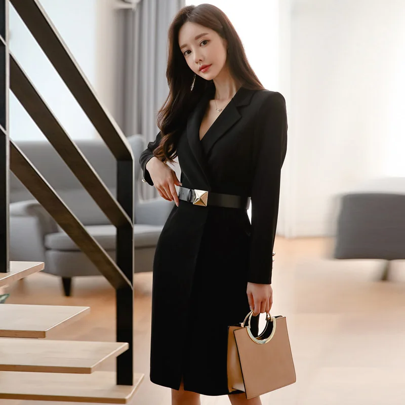 Женский корсет с отложным воротником офисное платье средней длины Осеннее