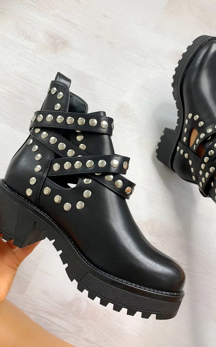 

Punk Trend Designer Women Chelsea Boots Pu Leather Platform Square Heel Rivet Ankle Buckle Round Toe Casual Shoes Ladies 36-41