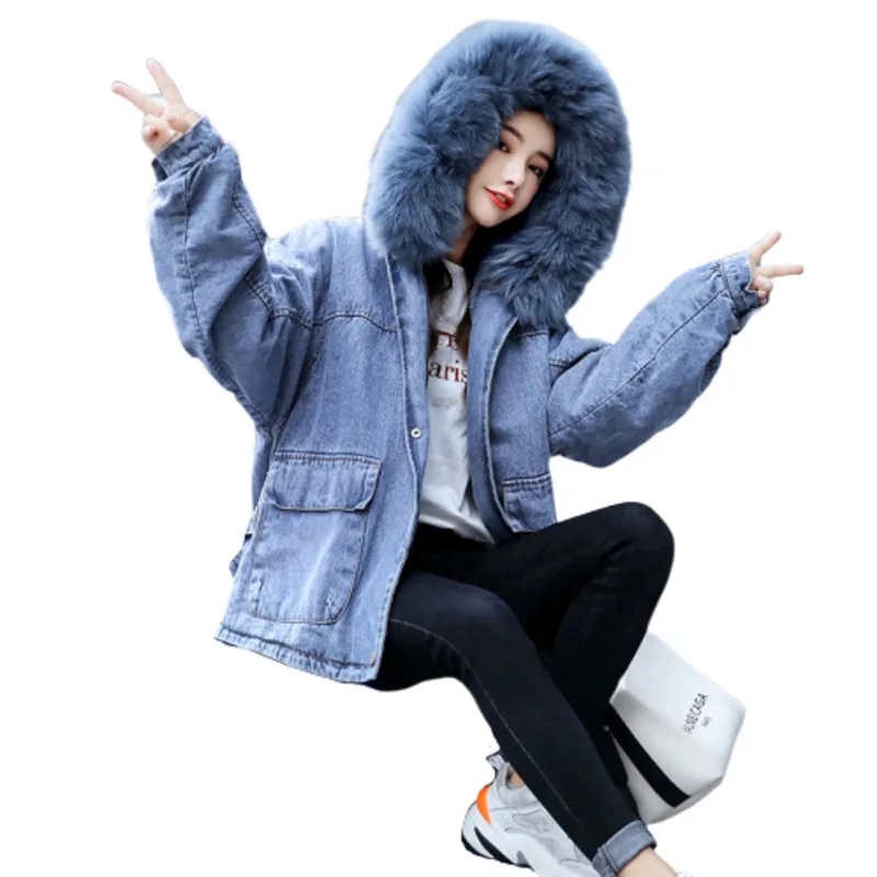 Зимняя джинсовая куртка для женщин с кроличьим меховым воротником Chaqueta Mujer, длинное пальто для женщин, плотные уличные Базовые Куртки