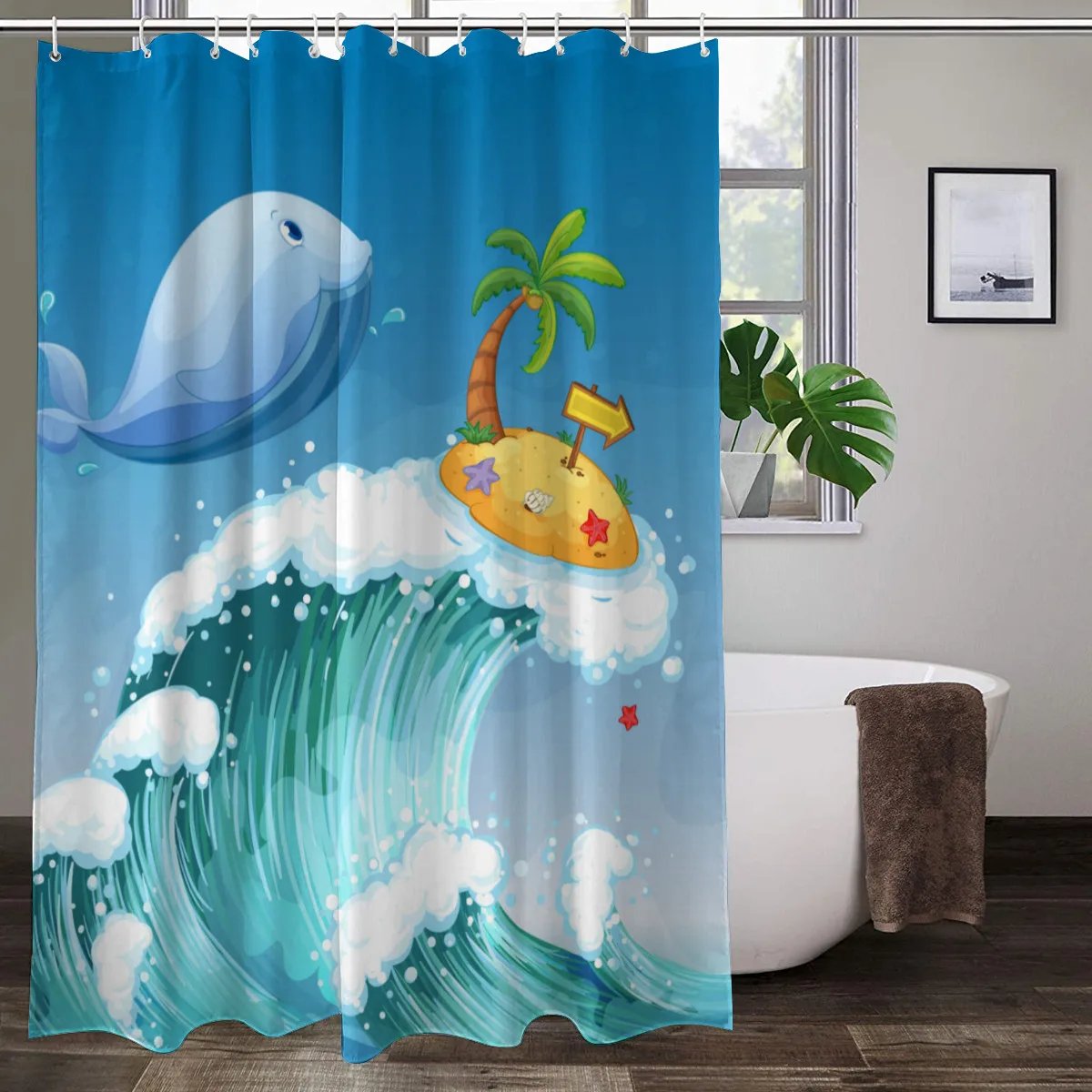 

Pink Cartoon Ocean Animals Whale Shower Curtains Sea Turtle Fish Octopus Dolphin Shark Print Waterproof Bath Curtain With Hooks