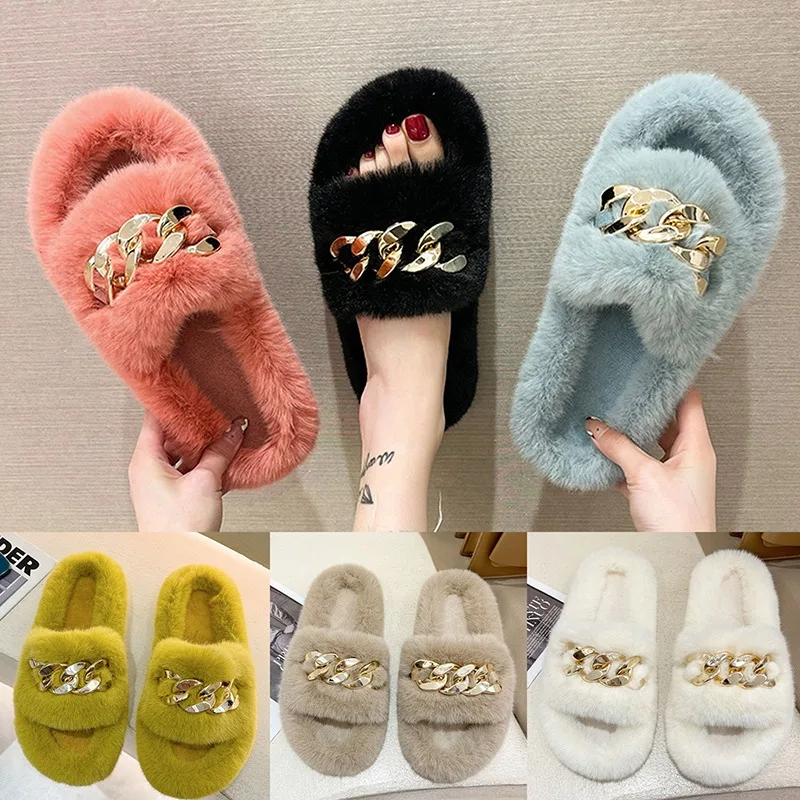 

Luxury Women Plush Indoor Slippers Non-slip Fur Slides With Gold Chain Fashion Summer Autumn Home Fluffy Flat Shoes Plus Size