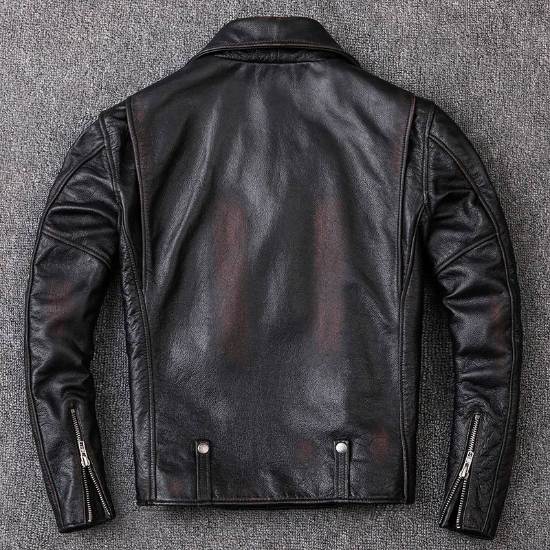 

Black 2020 Vintage Men Slim Fit American Motorcycle Leather Jacket Plus Size XXXXL Genuine Cowhide Biker's Coat FREE SHIPPING