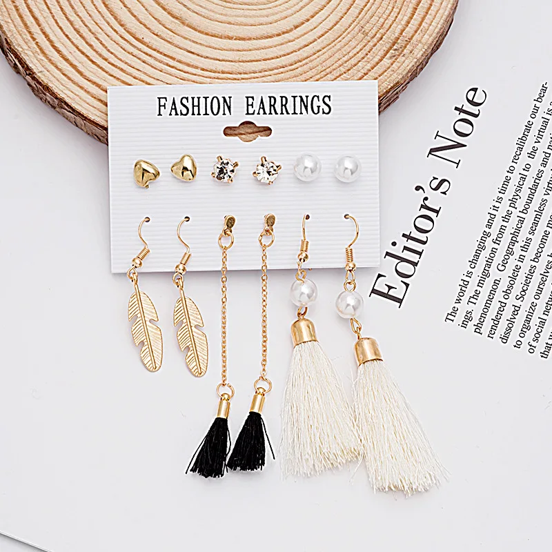 

New Cool Pearl Diamond Leaf Feather Tassel Earrings National Style Six-Piece Set Decorations