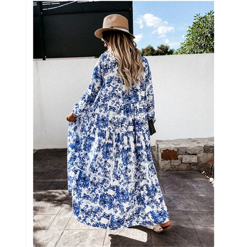 

Bohemian Print Loose Casual Sexy Long Sleeve Women Dress 2021 Autumn Korean Style Dress Plus Size