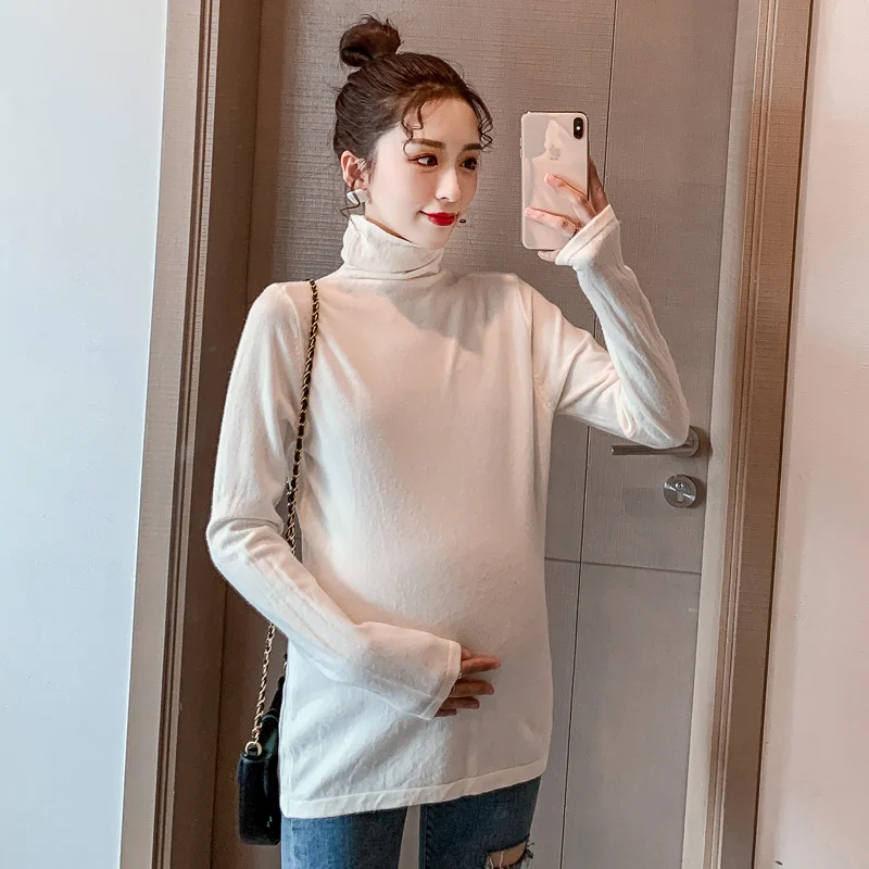 

6055# Autumn Winter Knitted Maternity Tees High Neck Slim Warm T Shirt Clothes for Pregnant Women Pregnancy Tops Thin Sweaters