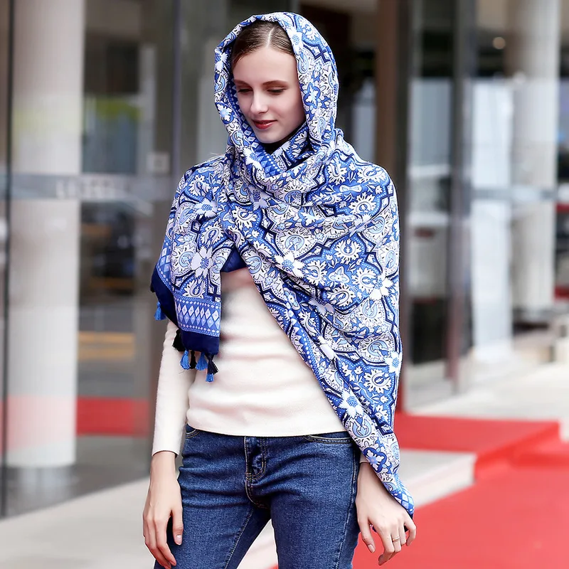 Трансграничные НОВЫЕ геометрические повесить шарф женский Национальный Синий