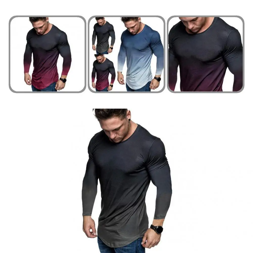 

Popular Men T-shirt Handsome T-shirt Round Neck Long Sleeve Breathable Crew Neck Pullover