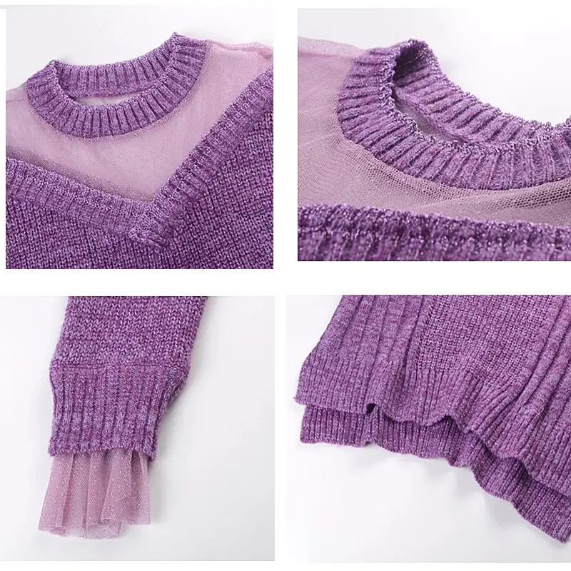 

Sweater women's autumn and winter New pullover lotus leaf mesh knitted base shirt long sleeve versatile temperament outer coat