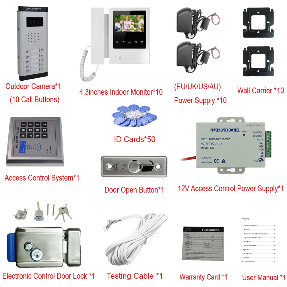 For 10 Apartments Video Intercom Home Quality Night-vision Camera Interphone Camera Hands-free & Doorphone Handset Door LocK Kit