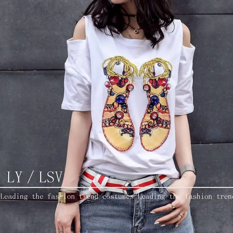 

New European fashion short sleeve versatile white T-shirt loose T-shirt shoulder top