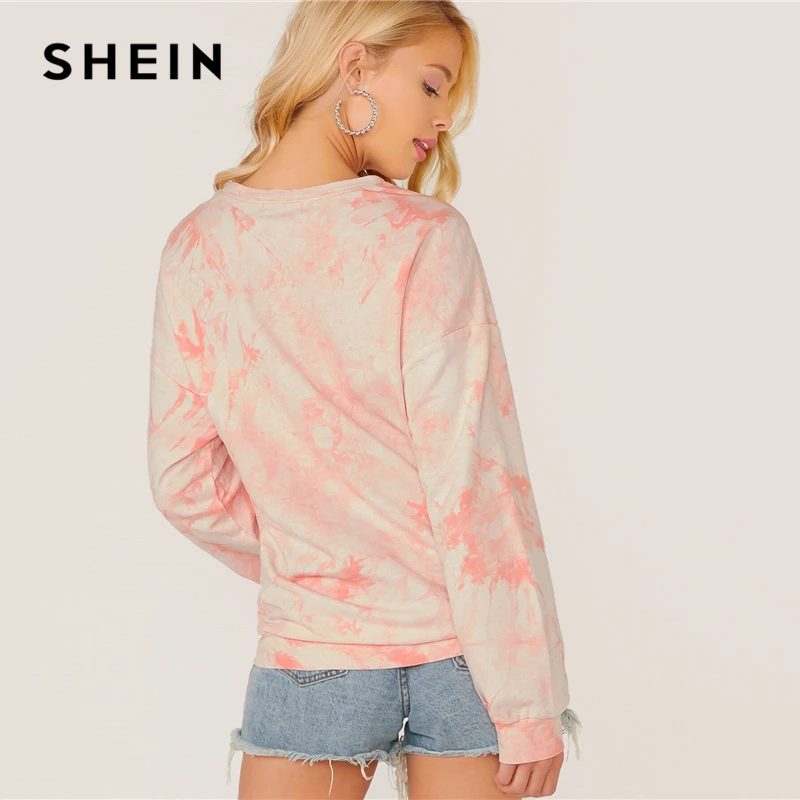 SHEIN Пастельная розовая толстовка с открытыми плечами и галстуком-красителем топы, пуловер для женщин, осенние базовые Женские повседневные толстовки с длинными рукавами