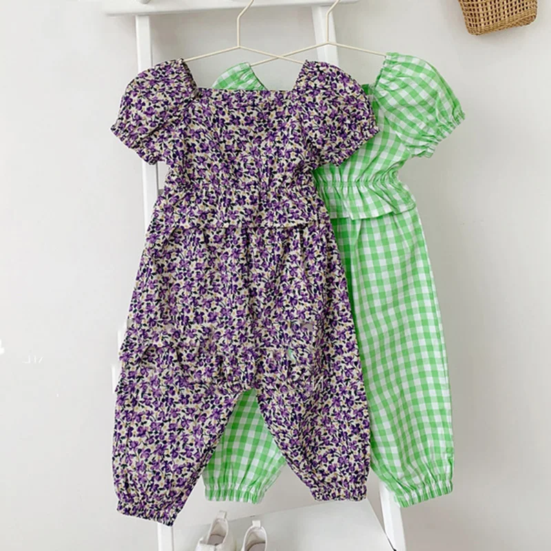 

Summer 2022 New Girl Clothes Suit Plaid Floral U-neck Top + Loose Pants 2pcs Children Clothes 3-7Y