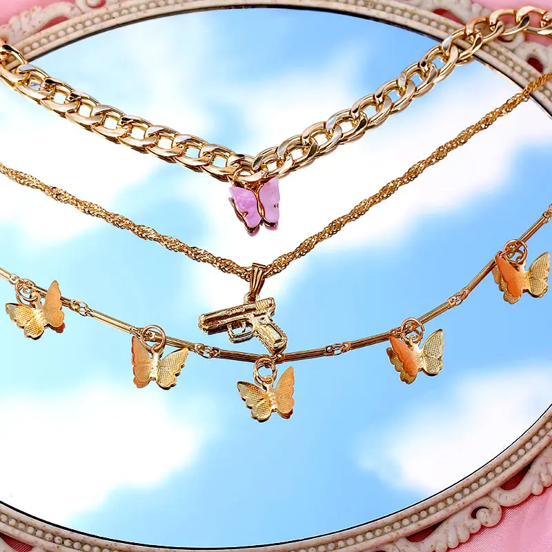 

Flatfoosie Multilayer Acrylic Butterfly Choker Necklace Women Fashion Gold Color Metal Pistol Pendant Necklace Hip-hop Jewelry