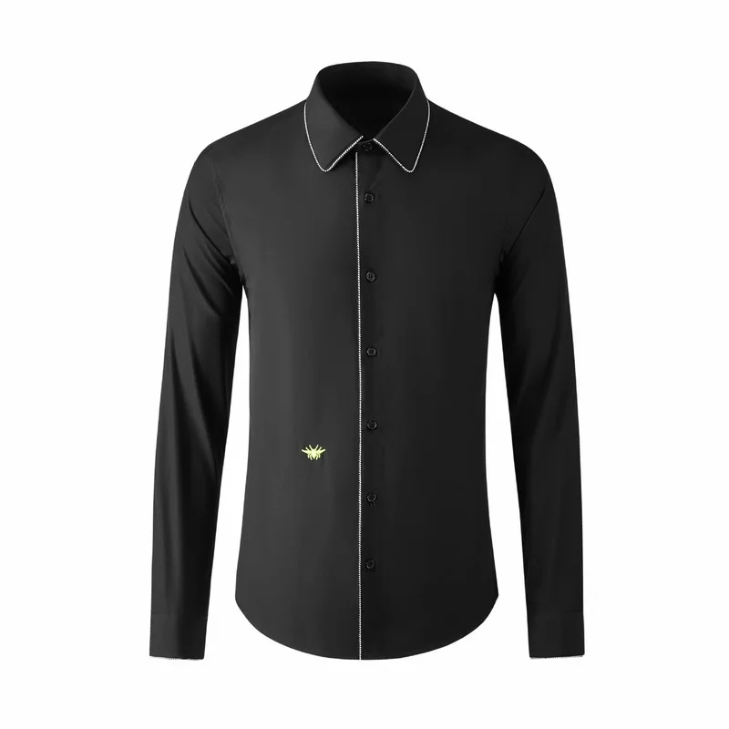 Bee Embroidery Men Shirt High Quality Long Sleeve Casual Business Dress Shirt Social Party Tuxedo Blouse Male Tops Chemise Homme