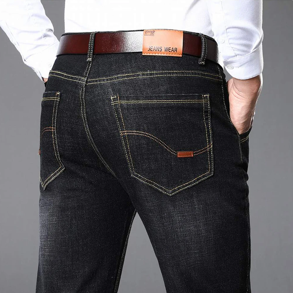 Men Brand Classic Business Straight Jeans Elastic Soft Comfort Stretch Denim Pants Blue Black Male Daily Casual Homme Trousers