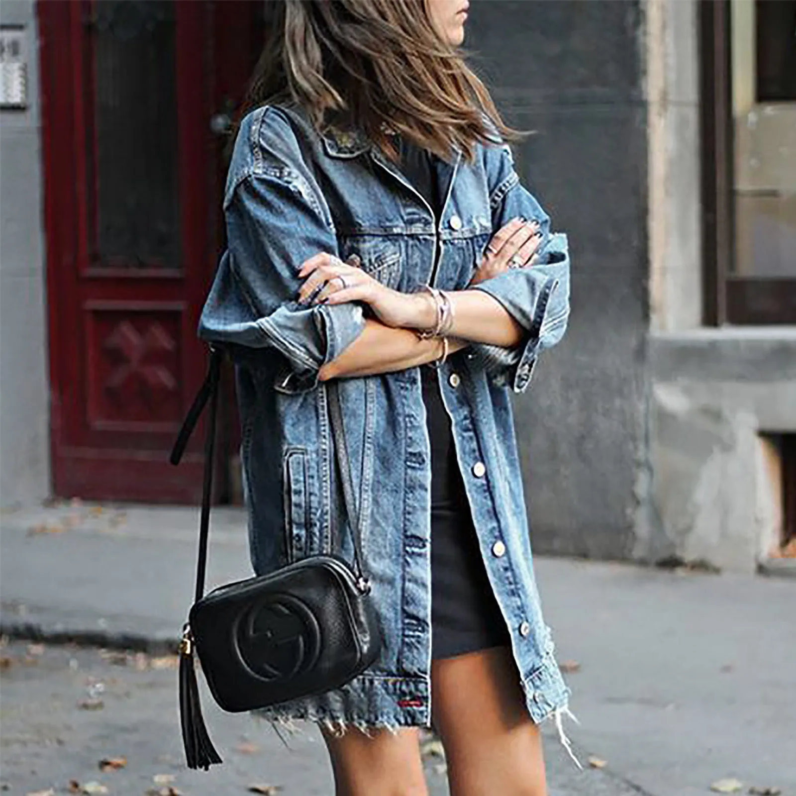 

Осенняя женская джинсовая куртка, повседневные синие джинсовые куртки, Женский винтажный свободный джинсовый Тренч с длинным рукавом, паль...