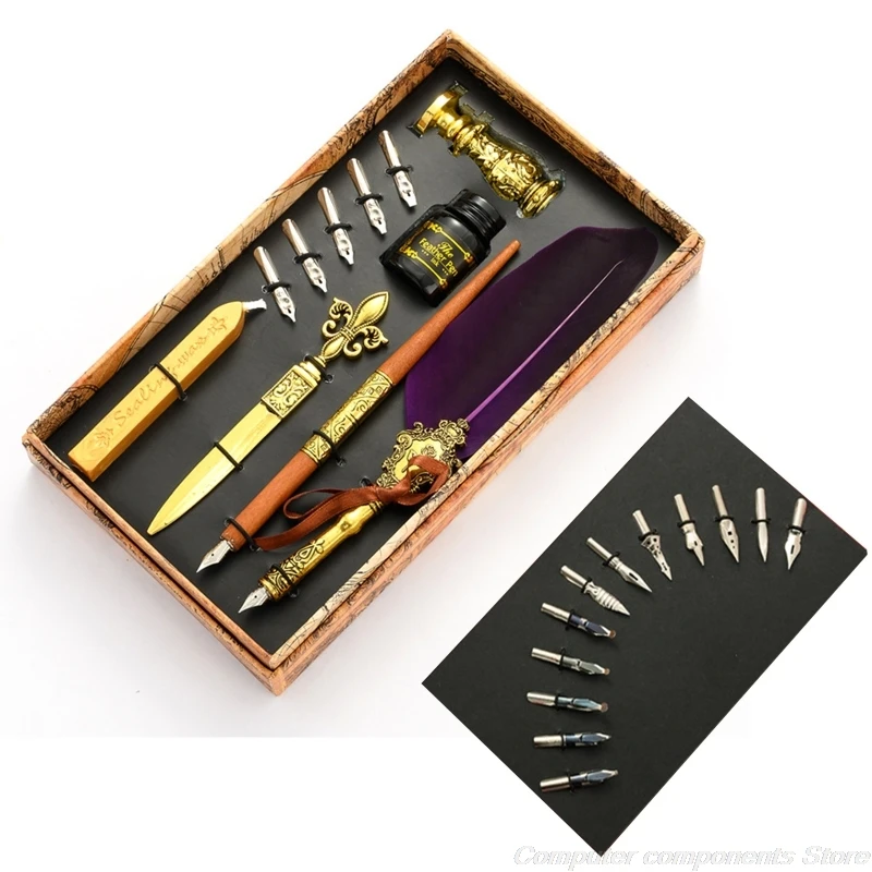 

Vintage Quill Feather Dip Pen Fountain Writing Ink 5 Nibs Seal Wax Gift Box Calligraphy Stationery M03 21 Dropshipping
