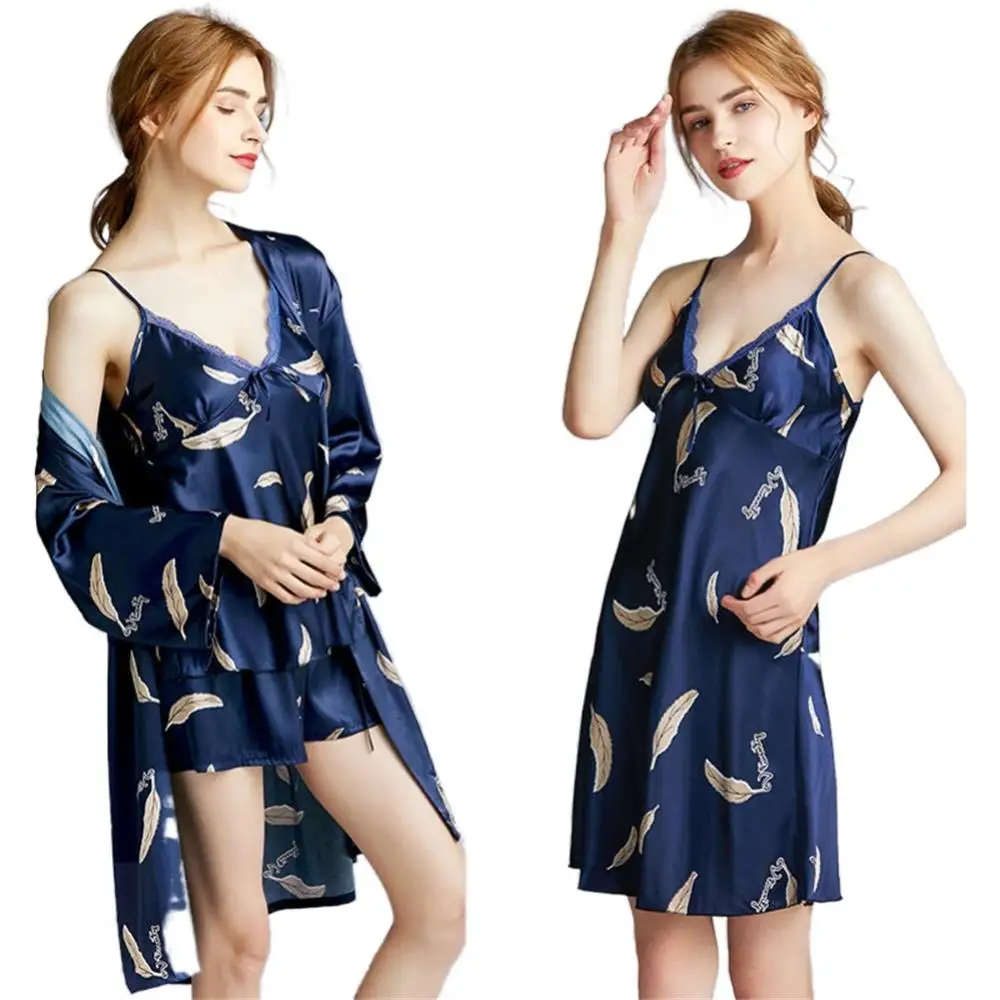 

Kwyaster 4 Pieces Floral Sleepwear Women Pajamas Set Lounge Wear Satin Print Nightgown Pyjamas New Kimono Bathrobe Gown Lingerie