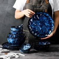 japanese retro kiln changed ceramics dinner plates bowls blue dishes creative cake food plate salad bowl tableware fish plate
