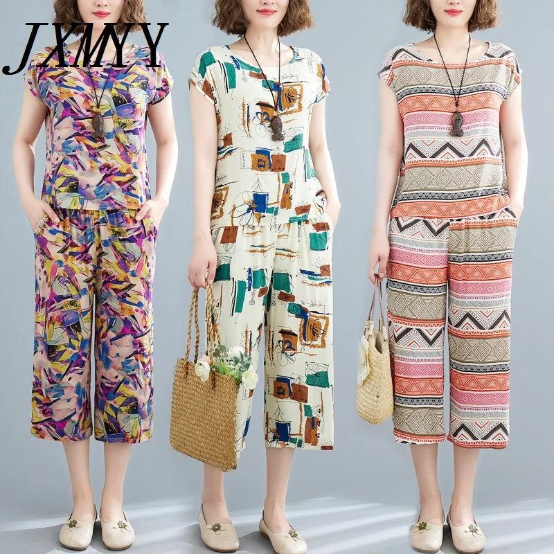 

Summer Fashion Two-Piece Skirt Pants Wide Leg Pants Cropped Trousers Cotton Silk Rayon Temperament Casual Cotton Suit Women