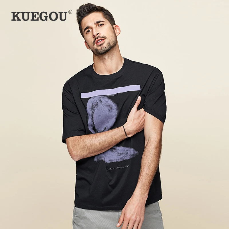KUEGOU 2021 Летняя лоскутная черная футболка с принтом Мужская брендовая коротким