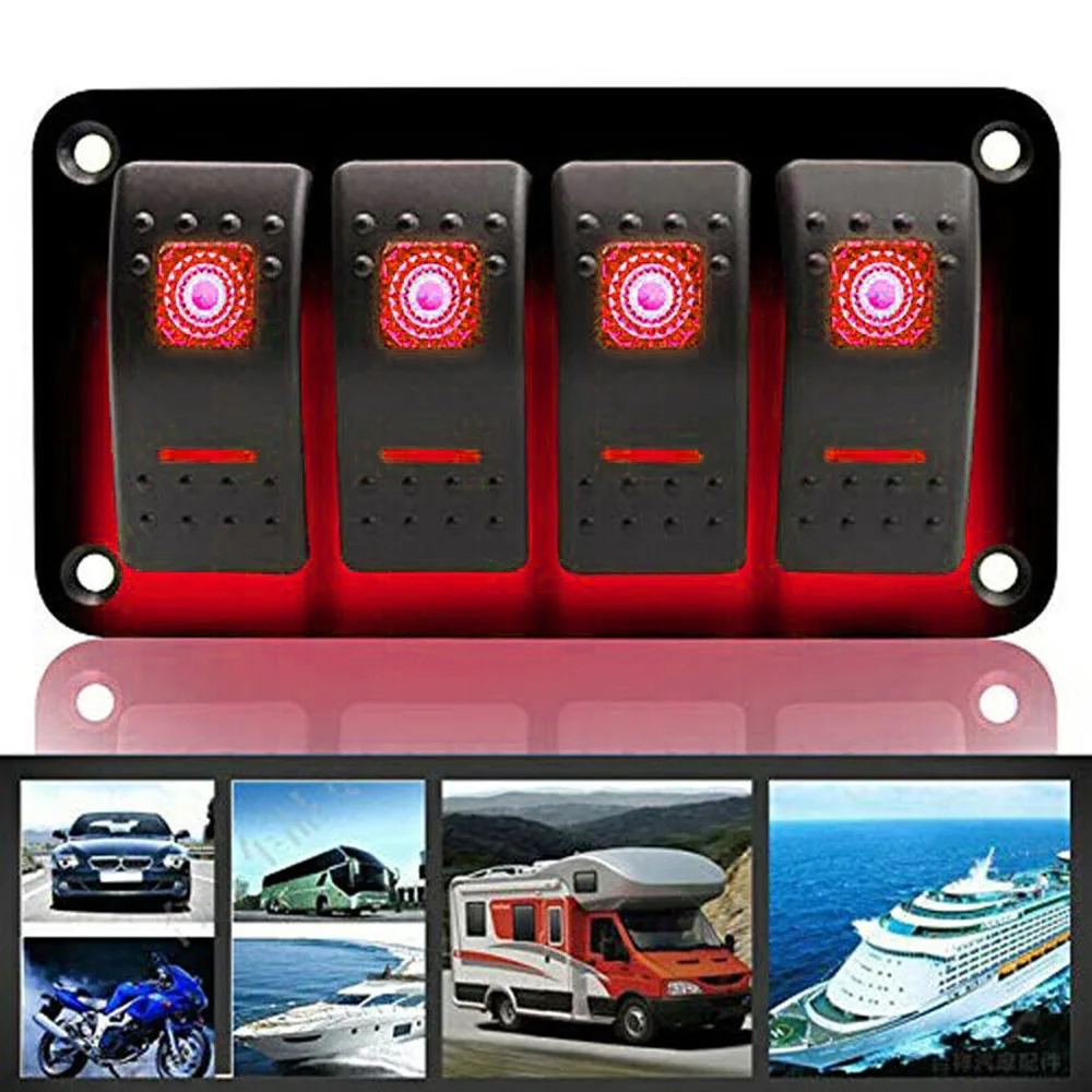 12-14 в 4 Gang Rocker Switch панель автоматический выключатель красный светодиодный RV +
