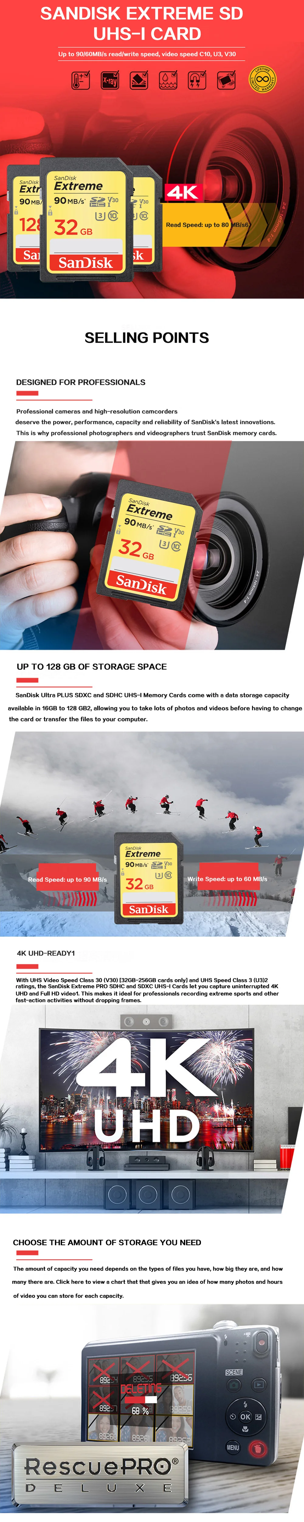 Карта памяти SanDisk Extreme Pro SDHC/SDXC, SD карта, 32 ГБ, 64 ГБ, 128 ГБ, 256 ГБ, класс 10, U1, U3, 4 K, 16 ГБ, 512 ГБ, флеш-карта памяти для камеры