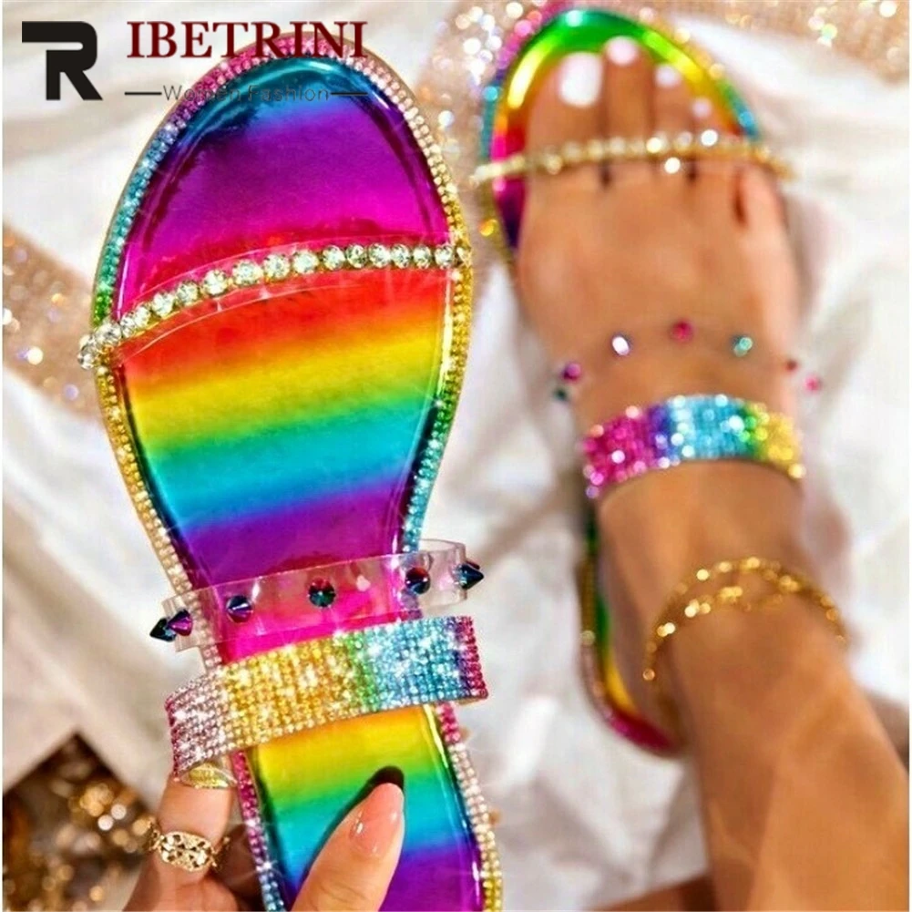 

RIBETRINI New Arrival Women Shoes Women Multicolor Slip On Rainbow Flat Slippers Crystal Casual Comfy Summer Slippers