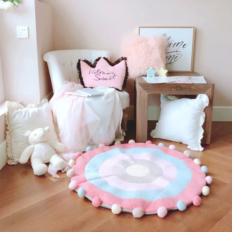 

Nordic Round Fluffy Area Rug with Pom Poms Rainbow Floor Rugs Living Room Bedroom Floor Mat Carpet Photo Props Decoration