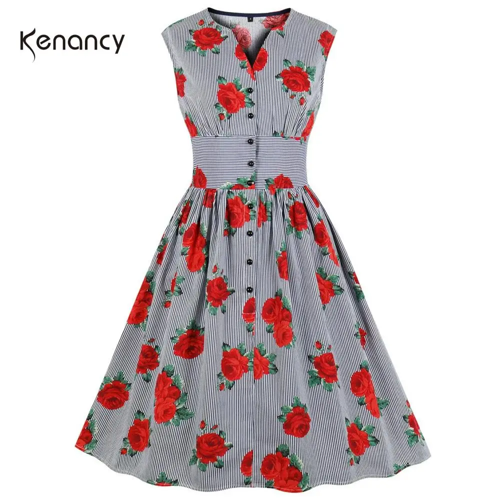 Женское винтажное платье Kenancy в полоску с цветочным принтом Ретро стиль на