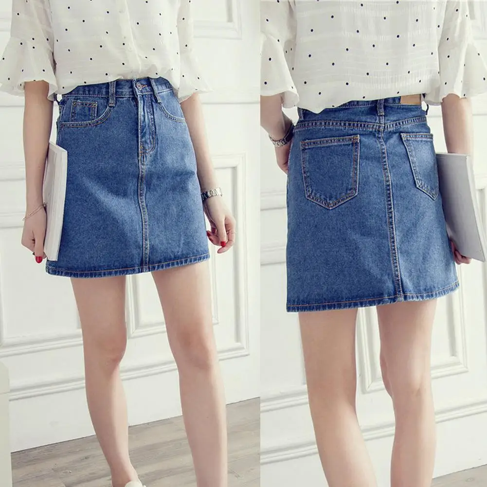 

Summer Women Breathable High Waist A Line Loose Pockets Jean Denim Mini Skirt