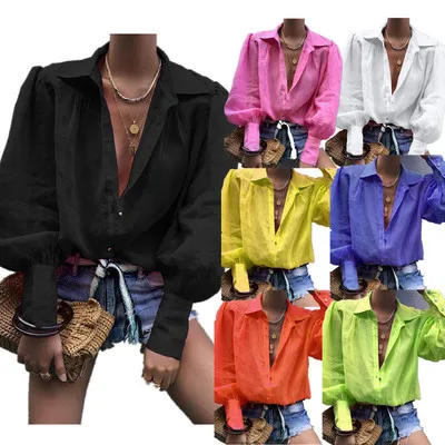 Женская осенняя блузка с рукавами фонариками и v образным вырезом|Блузки| |