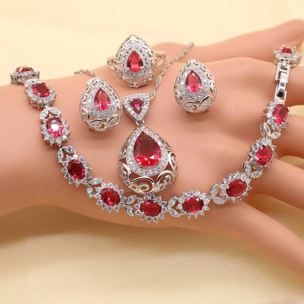 

XUTAAYI 925 Silver Wedding Jewelry Sets For Women Red Ruby Bracelet Rings Bridal Pendant Necklace Earrings For Women