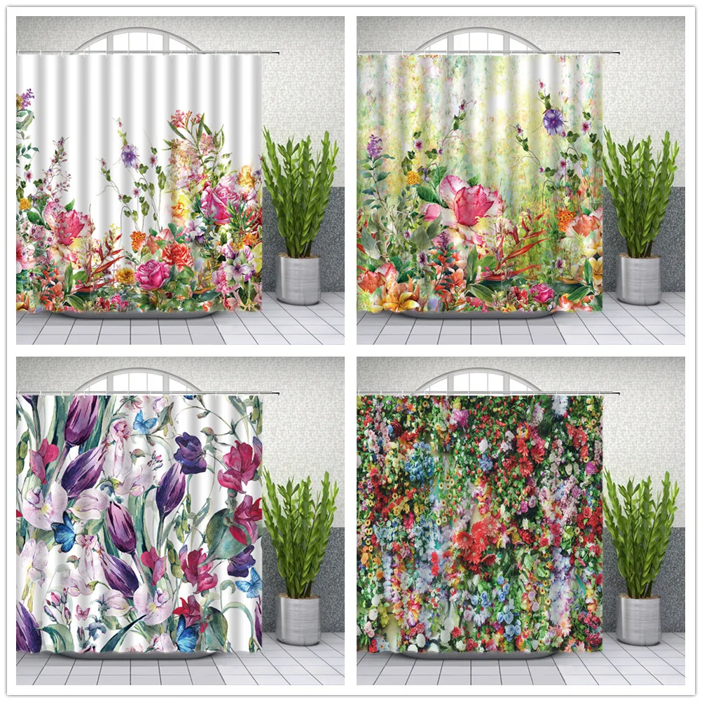 

Flowers Shower Curtains Green Plant Leaf Pink Purple Flower 3D Printing Bathroom Decor Home Bath Waterproof Polyester Curtain
