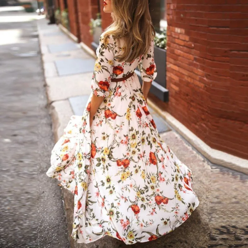 

Women Long Dress Floral Print Autumn Dress Lady Elegant Loose High Waist Party Dress Ladies Sundress Vestidos De Festa New 2020