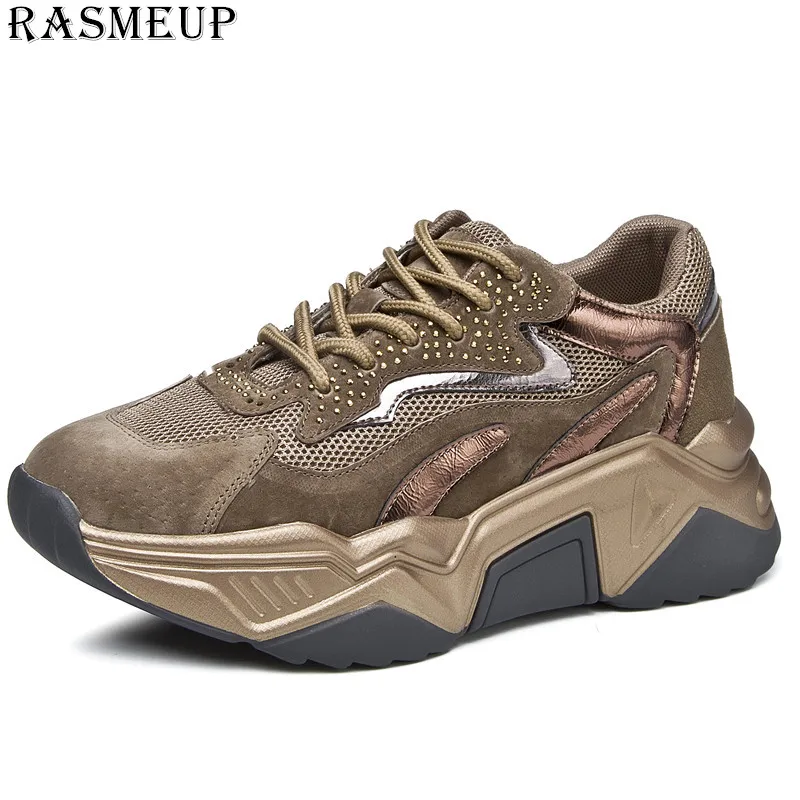 Женские кроссовки со стразами RASMEUP черные туфли на толстой платформе удобные для