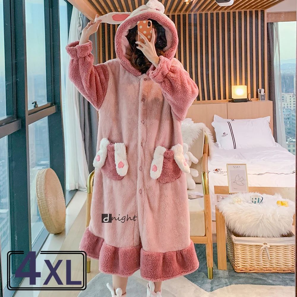 Warm Winter Women Flannel Robes Sleepwear Nightgowns Thick Coral Fleece Kimono Large Bust Cute Bunny Pajamas Christmas Kawaii | Женская
