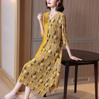 dresses for women 45 75kg spring and autumn french style v neck printed patchwork elastic miyake pleated dress mid calf