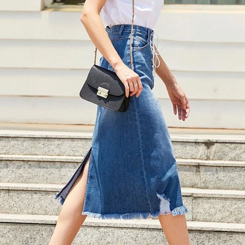 

Streetwear Tassel Denim Long Skirt Women Fashion Blue Lace-Up Frayed Skirt Summer New High Waist Wrap Jean Skirt Female XS-XL