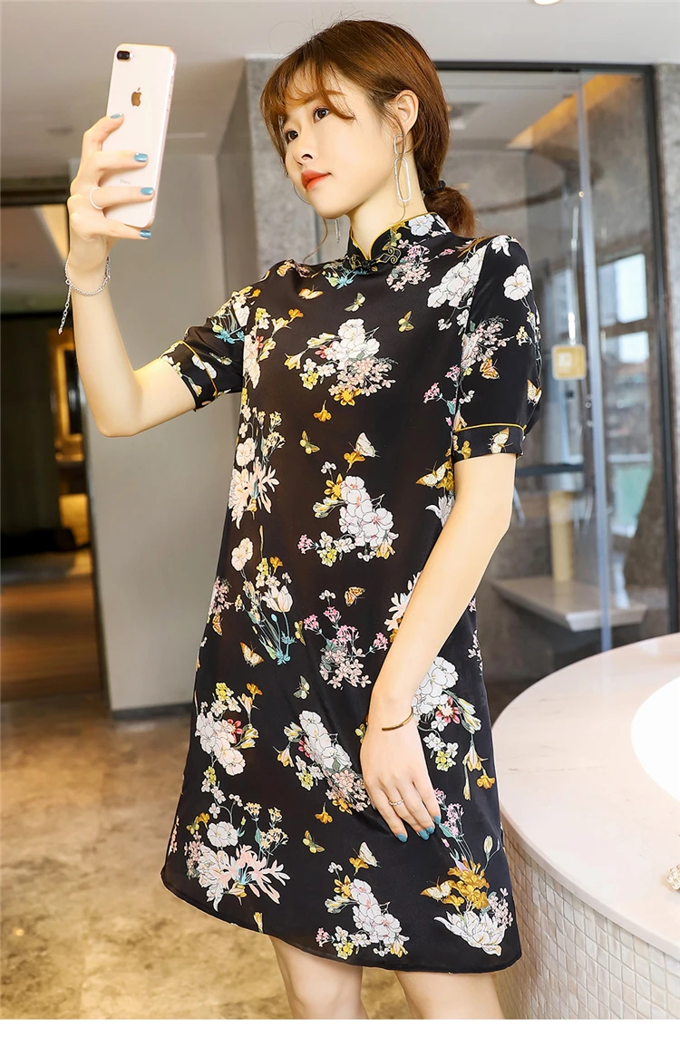 

style Chinese sweet temperament cheongsam improved silk crepe Chine buckle printed dress women's silk short sleeve stand