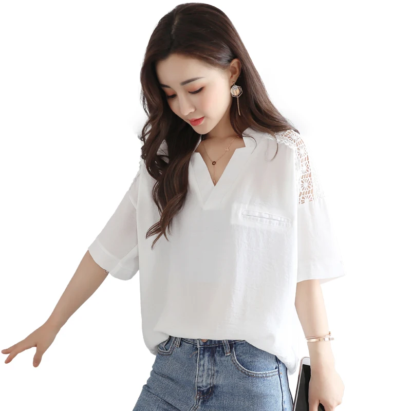 

2021 summer new style large size loose chiffon hollow lace fashion all-match white shirt women