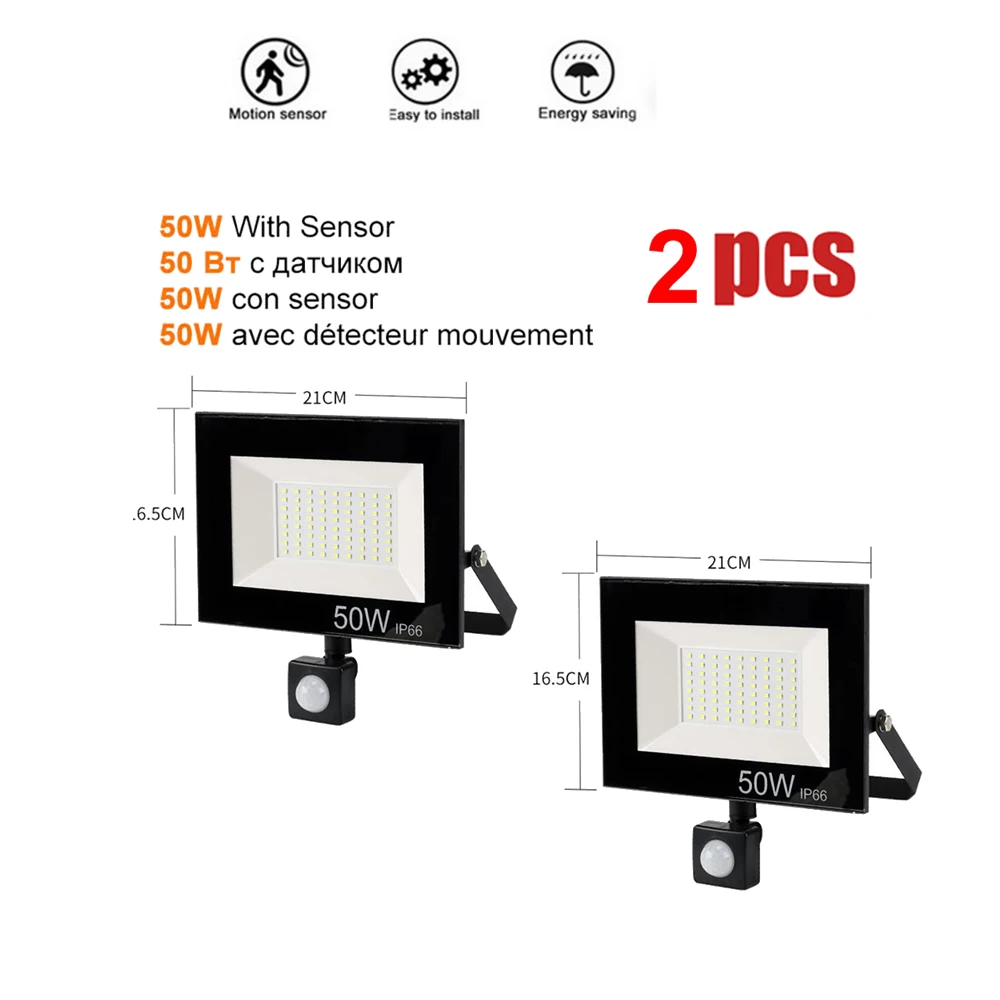 

2 pcs 220V 10-100W LED FloodLight Spotlight Exterior Street wall reflector Generation LED Energy PIR Infrared Motion Sensor Gard