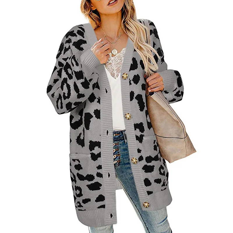 

Sweater Women Cardigan 2021 Autumn And Winter Long Lanterns Sleeve Button Leopard Winter Clothes Women Vestidos